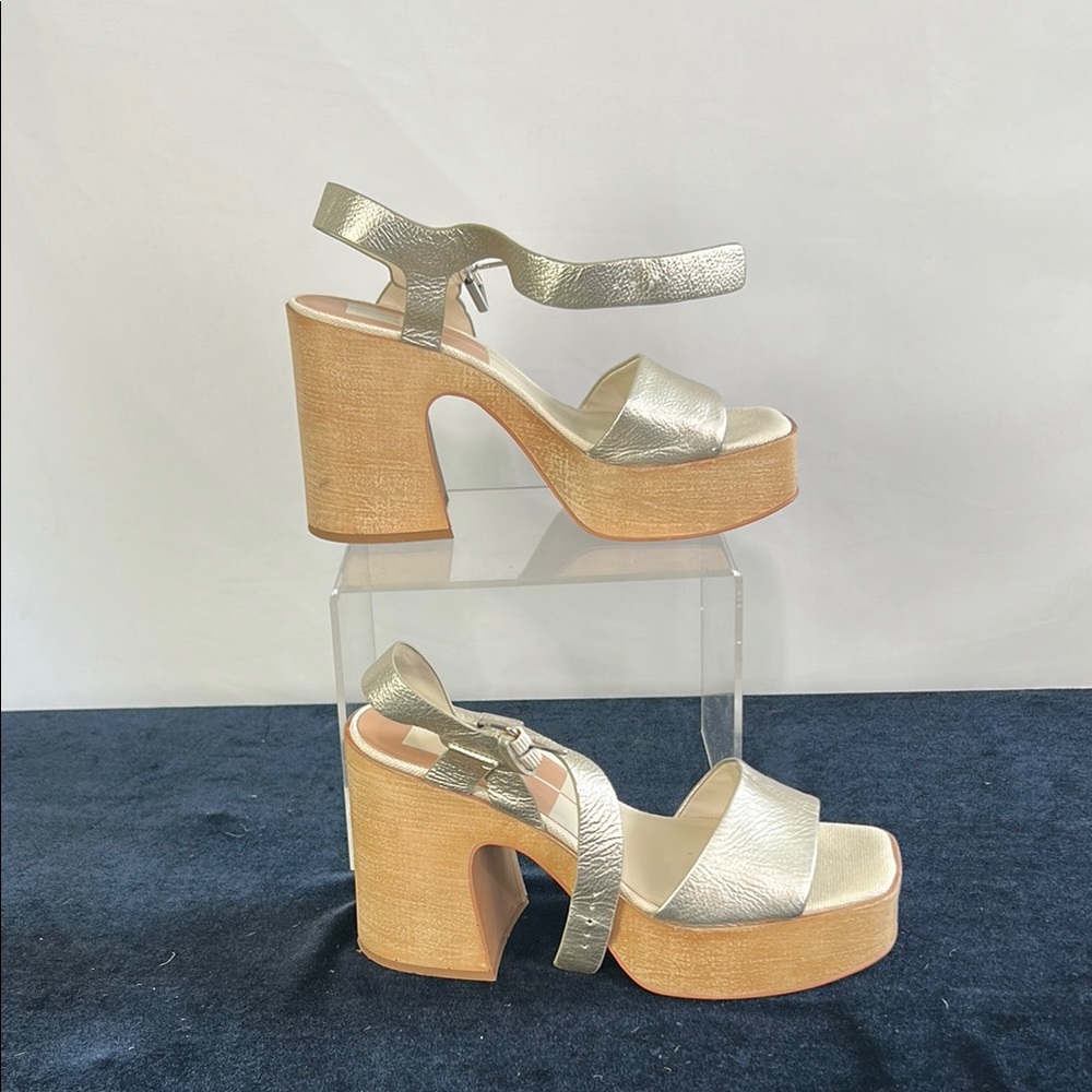 Dolce Vita Silver Ankle Strap Wood Bottom Sandals